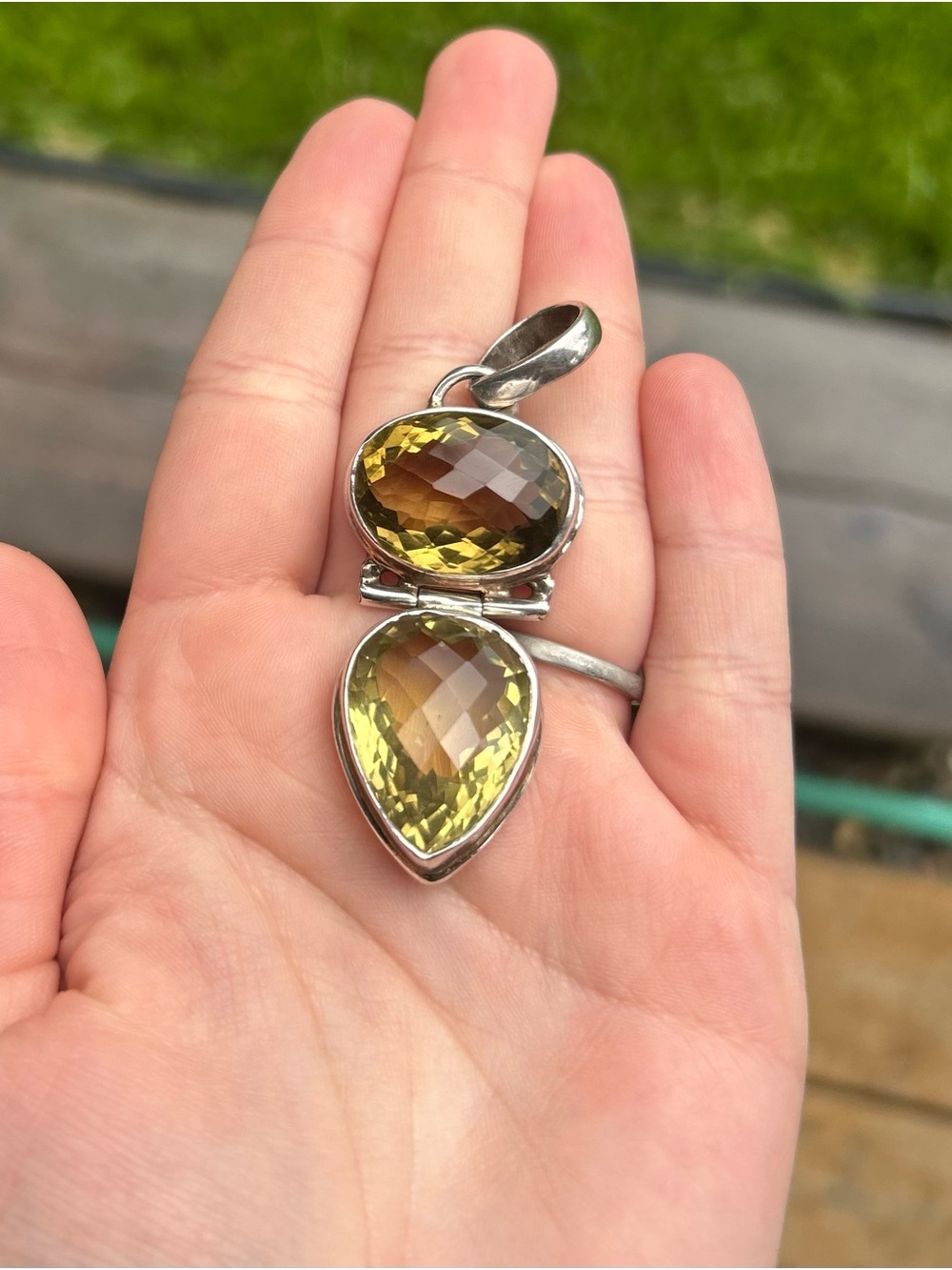 Solid 925 Sterling Silver Yellow Citrine large Double Drop Pendant